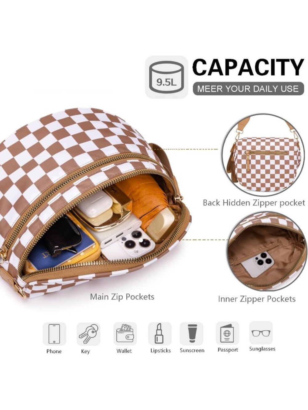 Women's Brown Spacious Checkered Double-Zipper Compartment Fashion Crossbody Bag - Picture 4 of 6